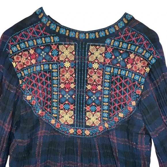 Johnny Was Blue Plaid Embroidered Boho Gauze Cotton Blend Vika Paris Blouse M - Picture 4 of 8